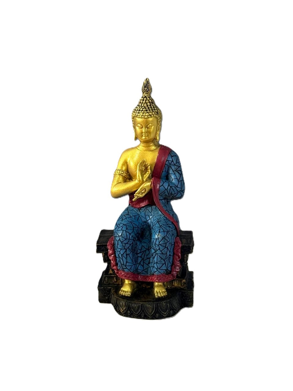 Elegant Sitting Buddha Idol – Golden & Blue with Red Robe