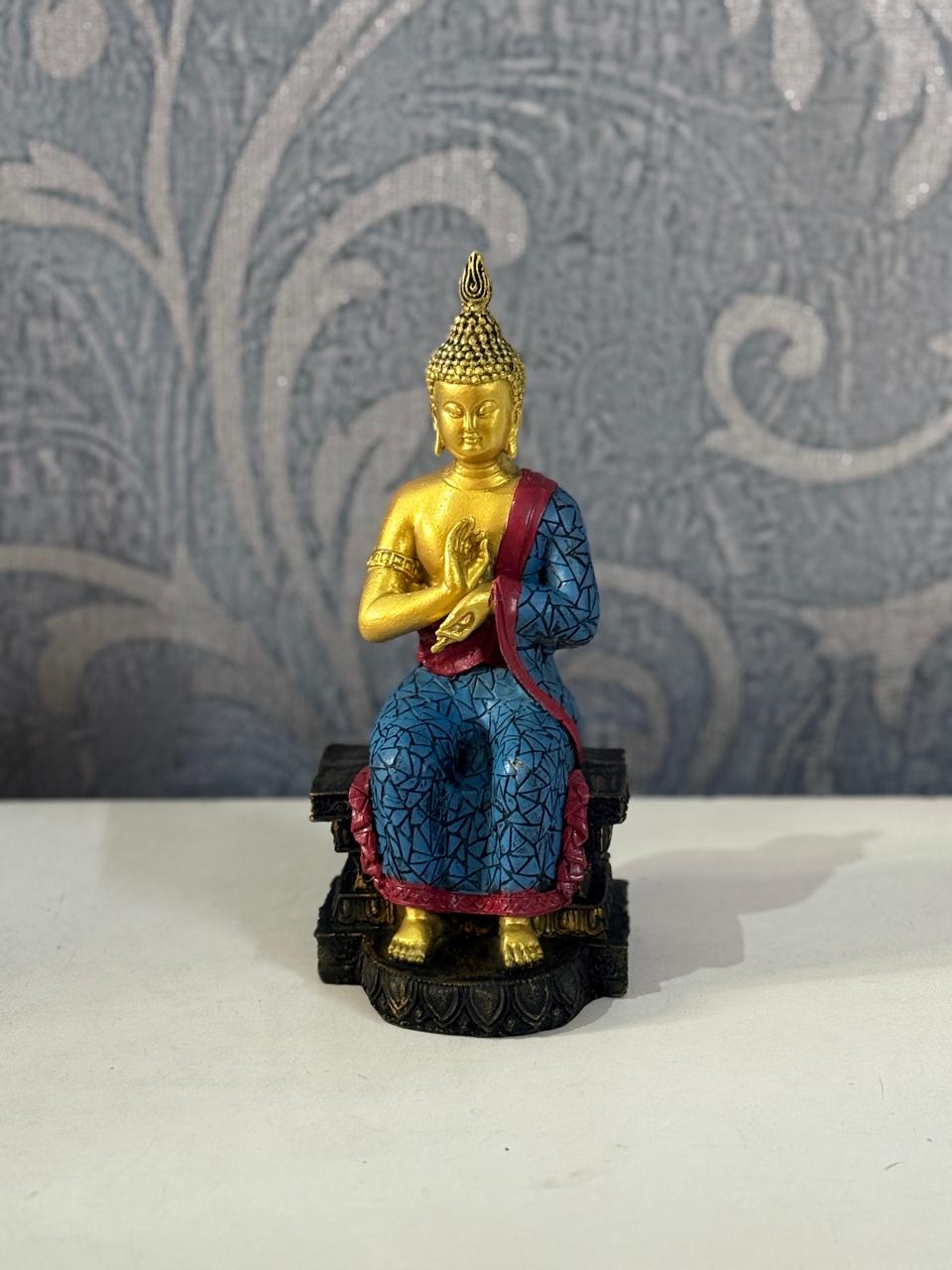 Elegant Sitting Buddha Idol – Golden & Blue with Red Robe